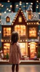 Child girl admiring illuminated christmas dollhouse creating wonder