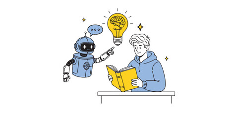 Minimal line art and flat color illustration of a student holding a book and interacting with a robot assistant for effective learning and studying, e-learning, and innovative study support