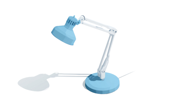 Stylized light blue desk lamp with an articulated white arm and base, casting a shadow, rendered in a clean, modern 3D style. background removed