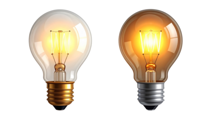 Dual Modern Electric Bulb Designs Highlighting Glowing Filaments isolated on transparent background