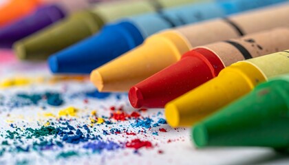 Obraz premium Colorful Crayons Close-Up with Scattered Wax Shavings on White Background