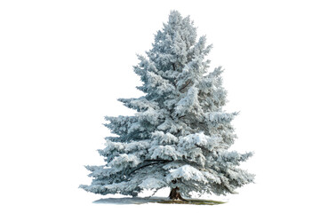 Fototapeta premium A beautiful evergreen tree covered in fresh white snow, isolated on a transparent background, perfect for winter scene compositions. background removed