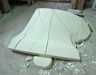 Broken clay bell model on workshop floor