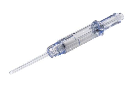 Transparent medical device, likely a pre-filled syringe or drug delivery system, featuring a clear barrel, plunger, and an elongated precise tip. background removed