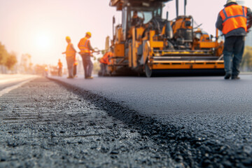 Construction workers paving a fresh asphalt road with heavy machinery, wearing high visibility vests and helmets as sunlight highlights the smooth newly laid surface.