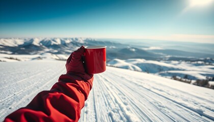 A person in a red jacket holds a matching red mug of a hot drink, enjoying the view from a sunny, snow-covered mountain top.