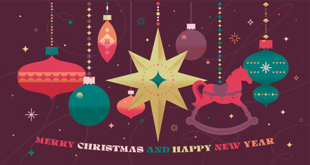 Modern vector illustration, greeting card, website banner, flyer. Merry Christmas and Happy New Year. Christmas decorations, toys.