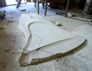 Broken clay bell shape on workshop floor