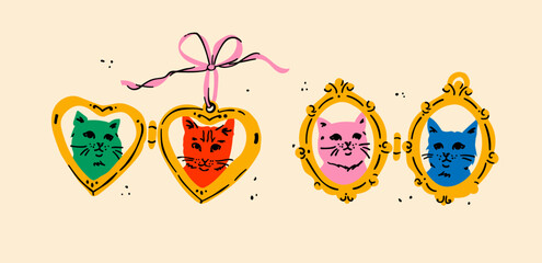 Cats in retro frames. Playful animal portraits in vintage style. Cute kittens illustrated in colorful decorative frames for nostalgic design, digital art, textile prints, and home decor