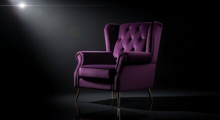 Obraz premium Luxurious purple velvet armchair bathed in dramatic spotlight, creating an elegant and sophisticated ambiance