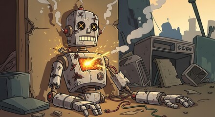 Broken Robot in a Dystopian Cityscape - A Tale of Technological Decay.