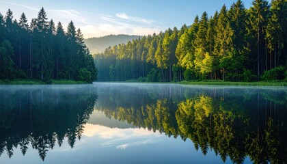Fototapeta premium Wide Angle View of Deciduous and Evergreen Forest in Autumn Colors with Clear Lighting Reflecting on Water Surface in Forest