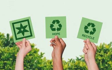 A conceptual image of diverse hands holding up green signs for hope and recycling, symbolizing a collective effort for environmental sustainability