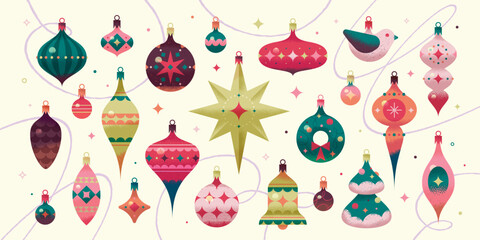 A charming collection of vector vintage Christmas tree toys. Balls, cones, bells, Star of Bethlehem, bird, Christmas tree.