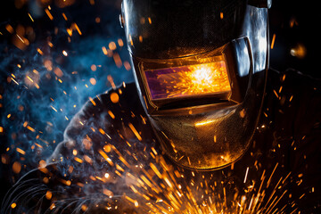 Close-up of an industrial welder wearing a protective helmet while bright sparks and molten metal flare during arc welding, creating dynamic orange and blue contrast and smoke.