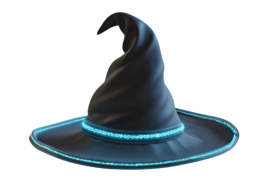A sleek black witch hat with bright blue glowing neon lines along its brim and band, blending magic with futuristic style. background removed