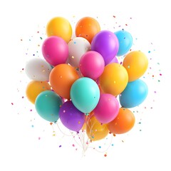A vibrant cluster of colorful balloons floating against a white background with confetti