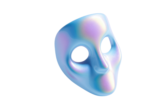A shimmering, iridescent mask with a futuristic design, blending pastel blues, purples, and pinks, evoking mystery and digital artistry. background removed