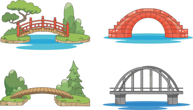 Cartoon bridge illustration set, vector drawing of traditional, wooden, brick, and modern bridges for architecture, landscape, and design content themes