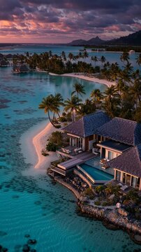 Aerial view of a luxury tropical resort surrounded by turquoise waters at sunset Maldives 
