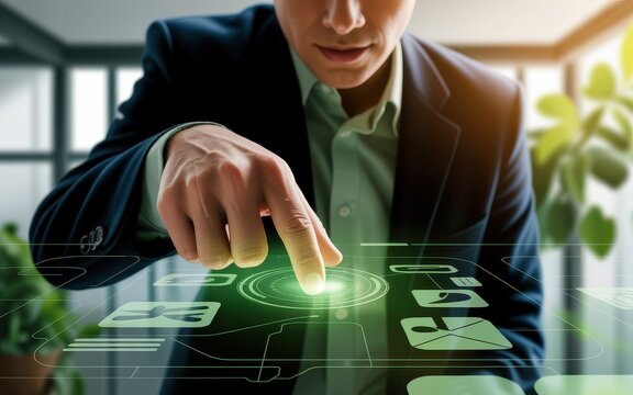 A businessman in a modern office environment using his finger to interact with a futuristic virtual touch screen interface with glowing green icons - Powered by Adobe