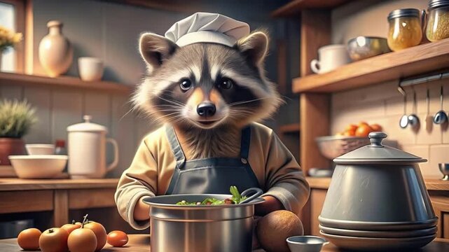 Adorable raccoon chef in white toque and navy apron stirring vegetables in a steel pot on a wooden counter in foreground, warm rustic kitchen shelves and jars in background, playful culinary concept