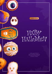 A Halloween flyer design template. Cookies in the form of a mummy, a cauldron, a ghost, a pumpkin, a skull. Vector illustration for the design of posters, banners, invitations.
