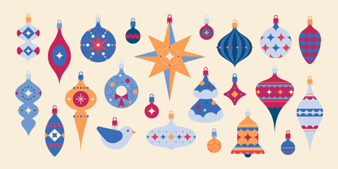 A charming collection of vector vintage Christmas tree toys. Balls, cones, bells, Star of Bethlehem, bird, Christmas tree.