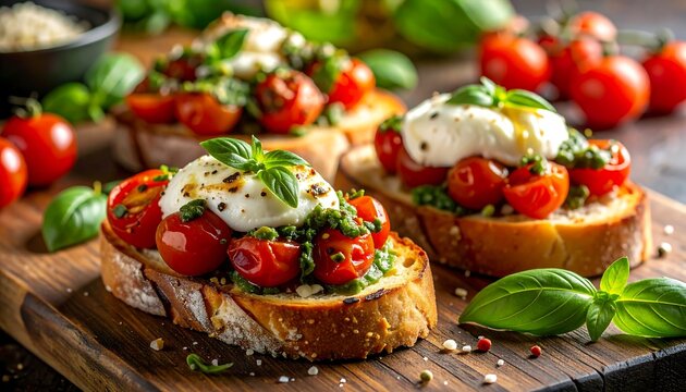 Fresh Bruschetta with Cherry Tomatoes, Mozzarella and Basil on Rustic Wooden Board