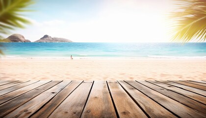 Fototapeta premium Empty Wooden Planks With Blur Beach And Sea On background 