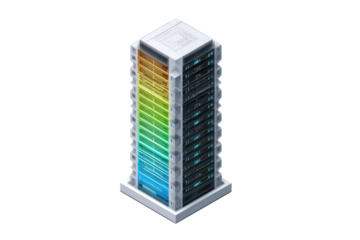 Isometric server rack tower depicting a data center with colorful glowing data activity panels and dark, high-tech server units for computing. background removed