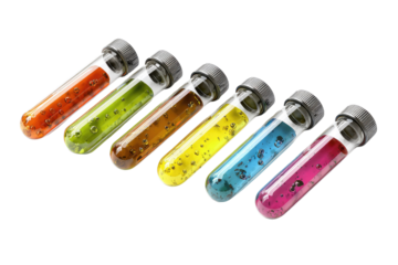 Six clear test tubes containing various colorful bubbling liquids are arranged diagonally against a solid dark transparent background, representing science. background removed