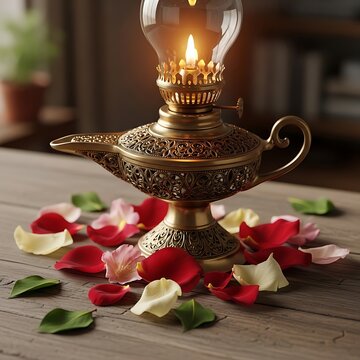 Enchanting Aladdins Lamp with Flickering Flame and Rose Petals.