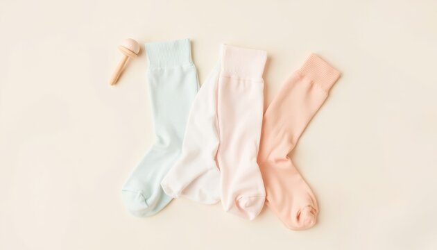 Soft pastel baby socks arranged on neutral background with toy - Powered by Adobe