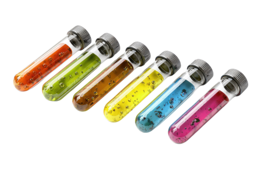 Six clear test tubes containing various colorful bubbling liquids are arranged diagonally against a solid dark transparent background, representing science. background removed