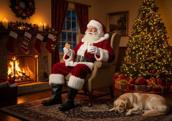 Santa claus sitting in a chair by a fireplace with a christmas tree and a dog