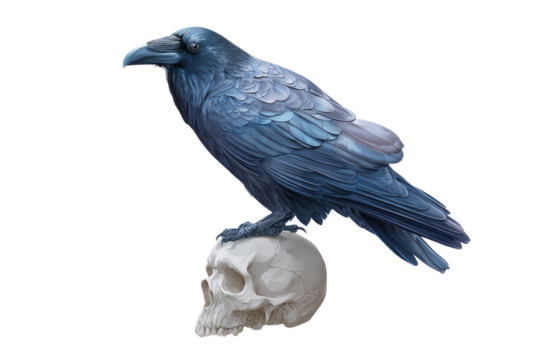 A striking blue-black raven perches ominously on a weathered human skull, depicted in intricate detail, evoking themes of mortality and wisdom. background removed