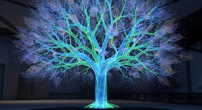 Enchanting Bioluminescent Tree Glowing with Vibrant Colors in a Dark Setting.