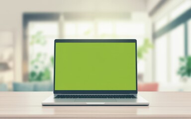 Fototapeta premium Front view of a modern laptop with a chroma key green screen for mockup purposes, placed on a wooden desk in a bright, blurred office interior