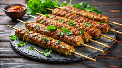 Kafta served on dark stone plate with sauce, this is a kafta dish with grilled meat, seasoned and served on skewers. Appetizing kafta plate on dark surface adds flavor and color to the plate.