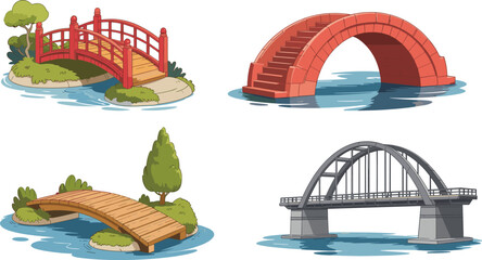 Cartoon bridge illustration set, vector drawing of traditional, wooden, brick, and modern bridges for architecture, landscape, travel, and design themes