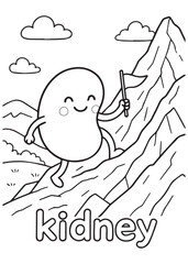 coloring book kidney climbing mountain with stick, anatomy cartoon for kids