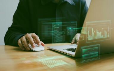 Futuristic concept of a software engineer working with holographic data projections and interactive digital dashboards