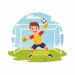 Fototapeta premium A young boy in a goalkeeper uniform is catching a soccer ball in front of the goal.