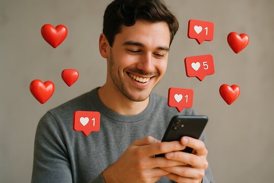 Happy Young Man Receiving Social Media Likes and Notifications on Smartphone