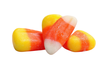 A cluster of classic tricolored candy corn, featuring white, orange, and yellow segments, isolated against a solid dark transparent background. background removed
