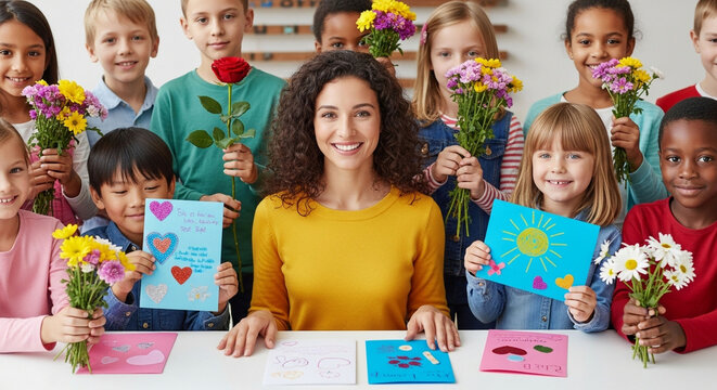 Smiling teacher and diverse group of happy children holding handmade cards and flowers celebrating a special occasion