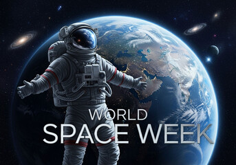 Astronaut floating in space with earth and stars celebrating world space week