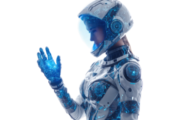 A cybernetic woman in a futuristic suit views a glowing digital interface on her hand, symbolizing advanced technology and interaction. background removed