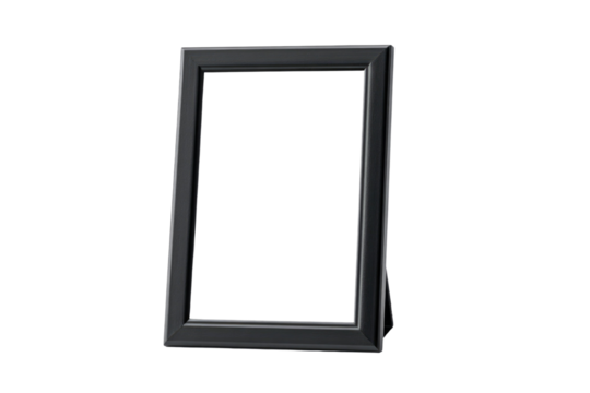 A freestanding black rectangular picture frame with a subtle beveled edge, perfect for displaying photos or artwork. Features a kickstand for tabletop display. background removed
